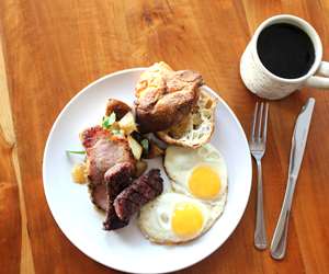 A perfect breakfast, ham, eggs, popover & coffee